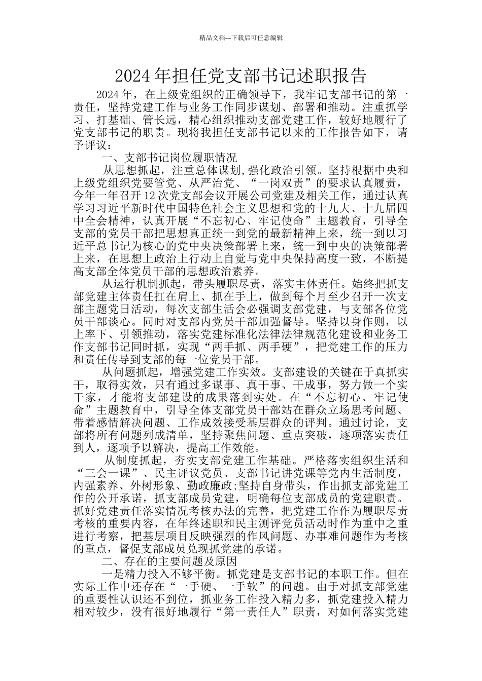 2024年担任党支部书记述职报告_第1页