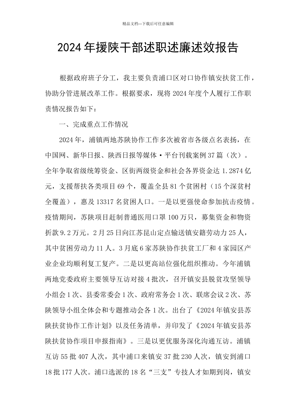 2024年援陕干部述职述廉述效报告_第1页