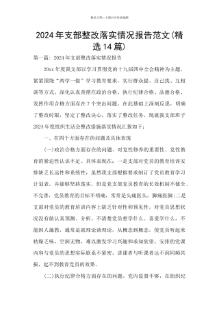 2024年支部整改落实情况报告范文