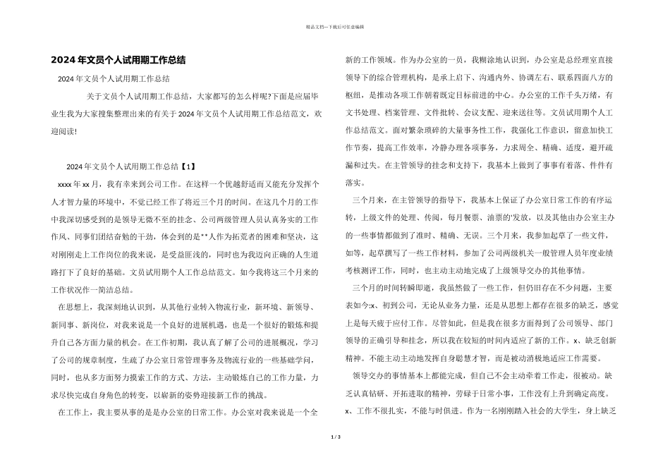 2024年文员个人试用期工作总结_第1页