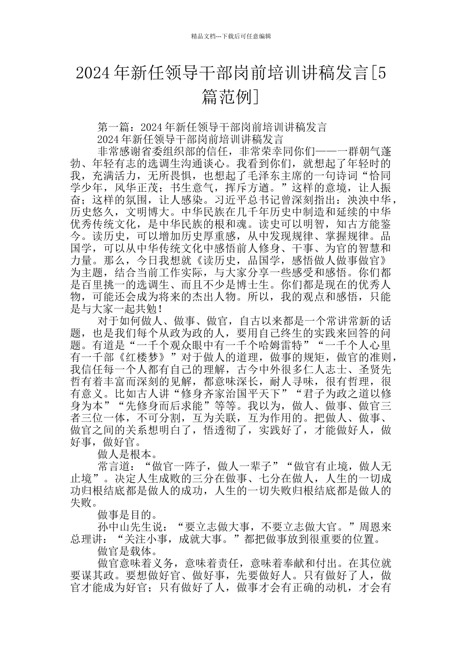 2024年新任领导干部岗前培训讲稿发言_第1页