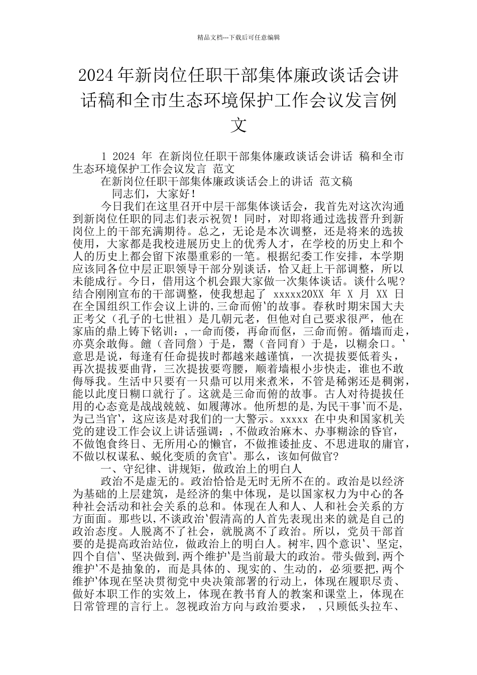 2024年新岗位任职干部集体廉政谈话会讲话稿和全市生态环境保护工作会议发言例文_第1页