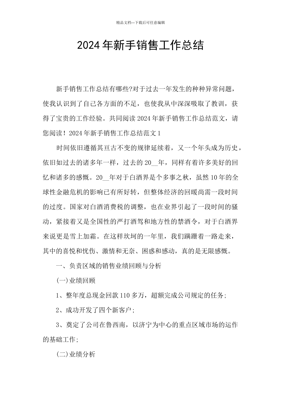 2024年新手销售工作总结_第1页