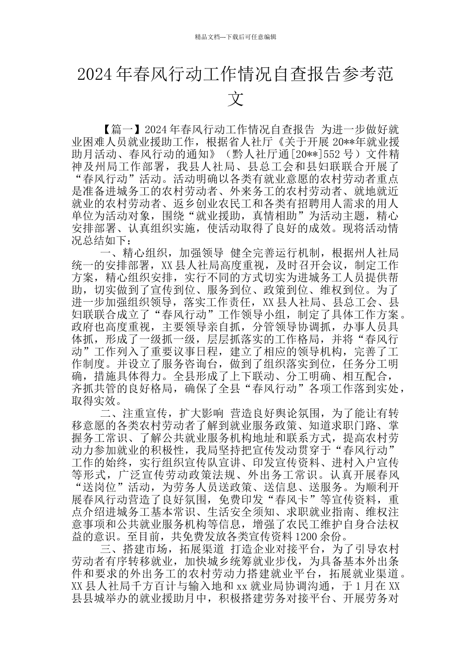 2024年春风行动工作情况自查报告参考范文_第1页