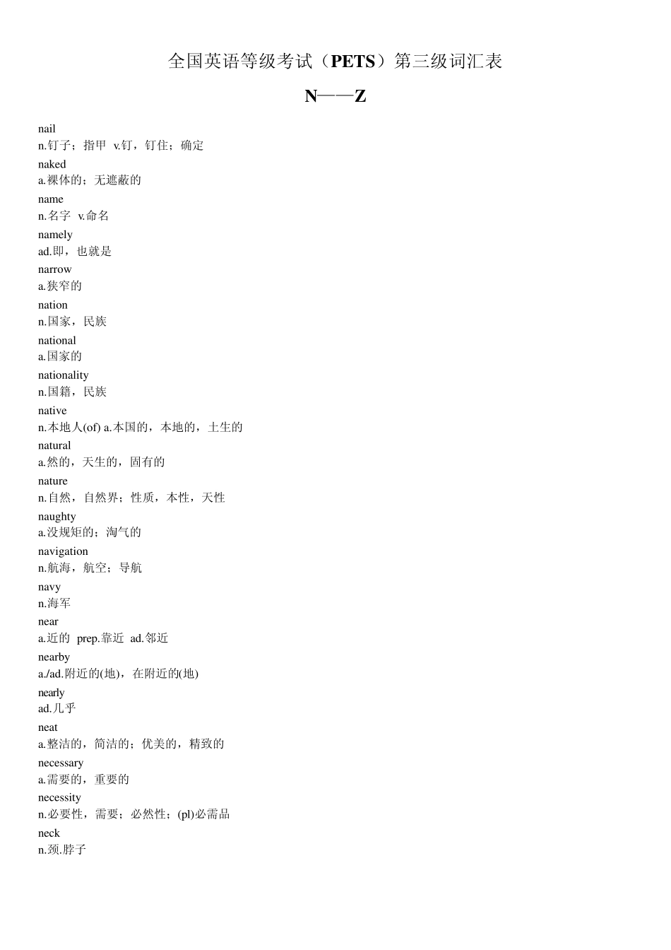 全国英语等级考试(PETS)第三级词汇表(NZ)_第1页