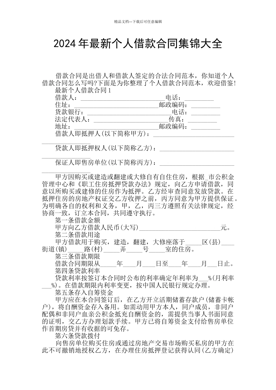 2024年最新个人借款合同集锦大全_第1页
