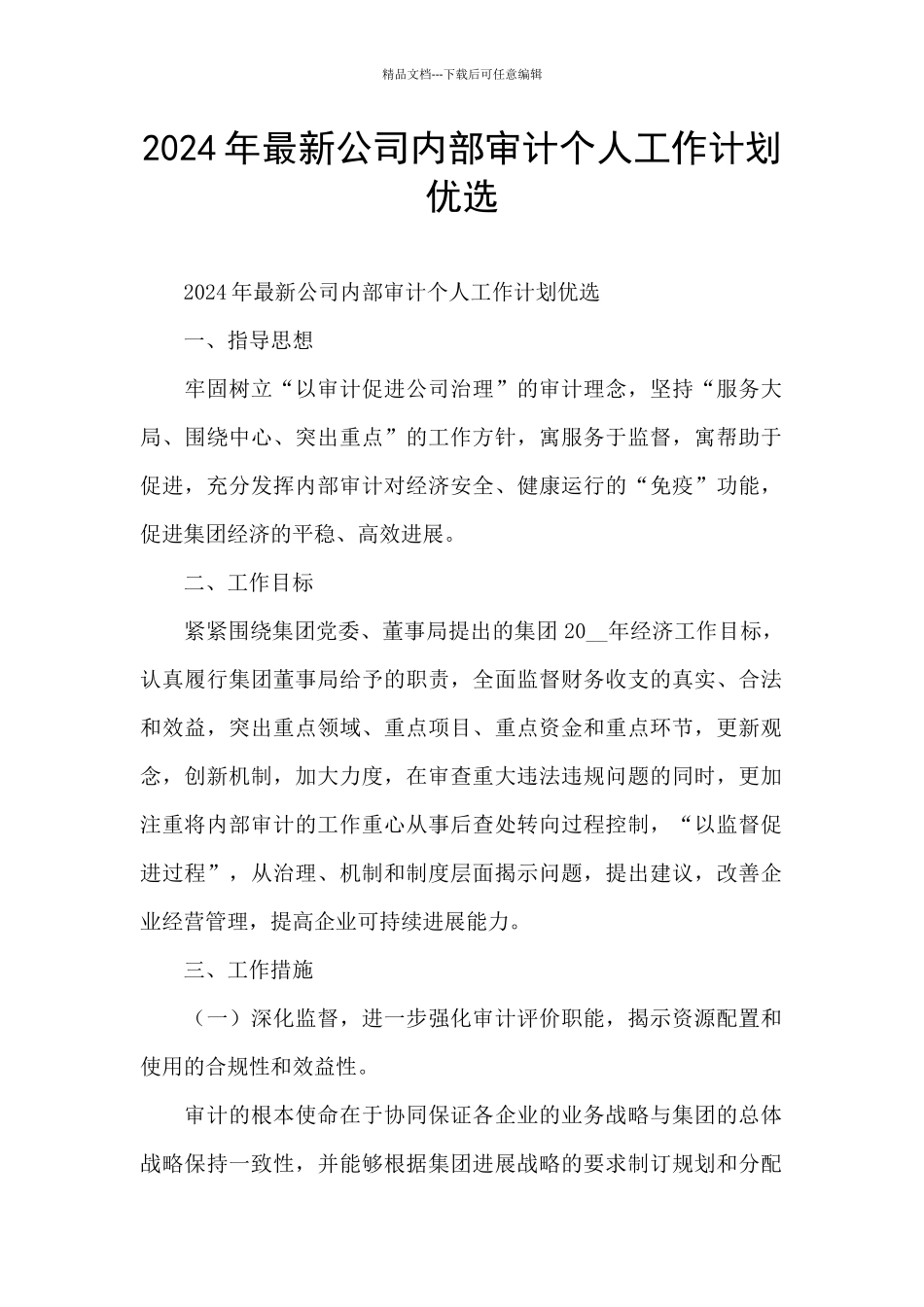 2024年最新公司内部审计个人工作计划优选_第1页