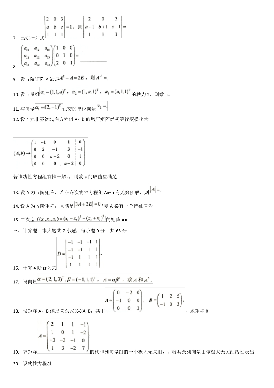 全国高等教育自学考试线性代数(经管类)(04184)2019年4月历年真题及答案_第2页