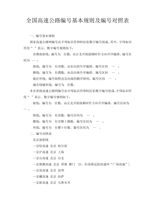 全国高速公路编号基本规则及编号对照表