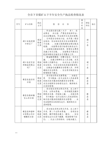 全市下非煤矿山下半年安全生产执法检查情况表