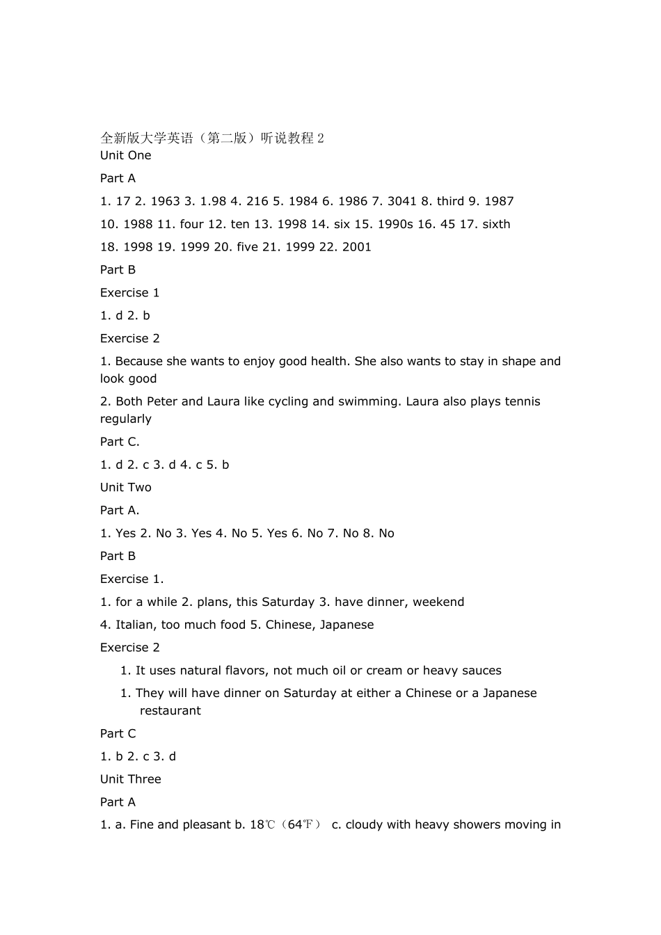 全新版大学英语(第二版)听说教程2(114单元)答案_第1页
