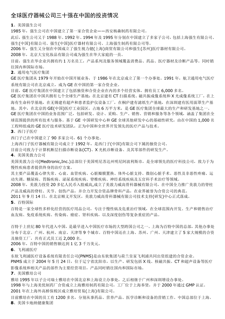 全球医疗器械公司三十强在中国的投资情况_第1页