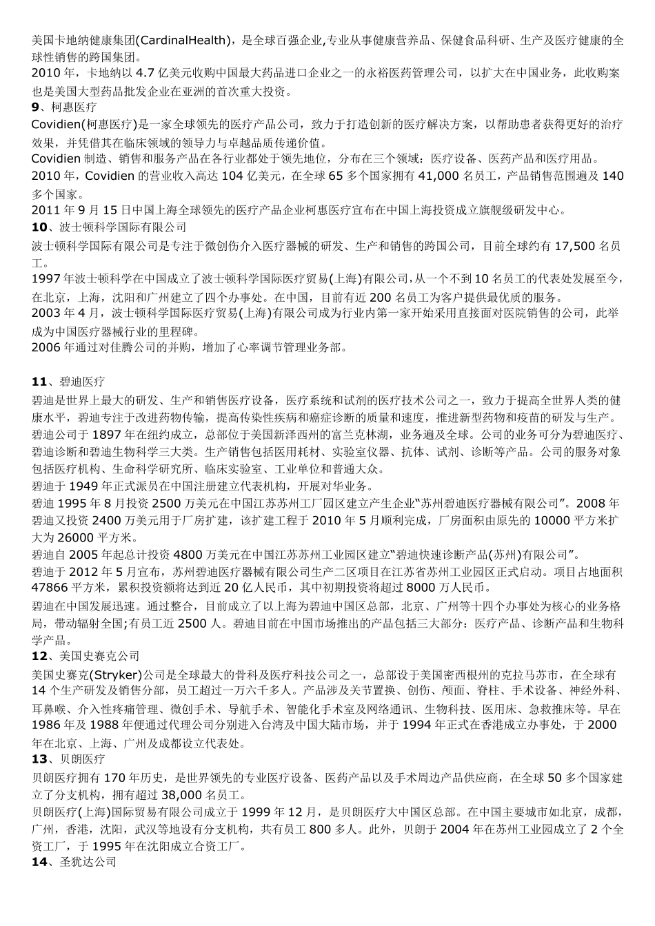 全球医疗器械公司三十强在中国的投资情况_第2页