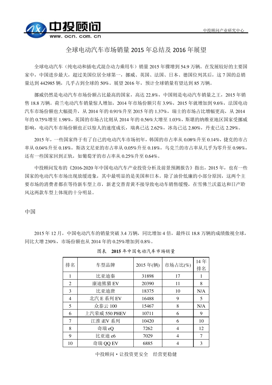 全球电动汽车市场销量2015年总结及2016年展望_第1页