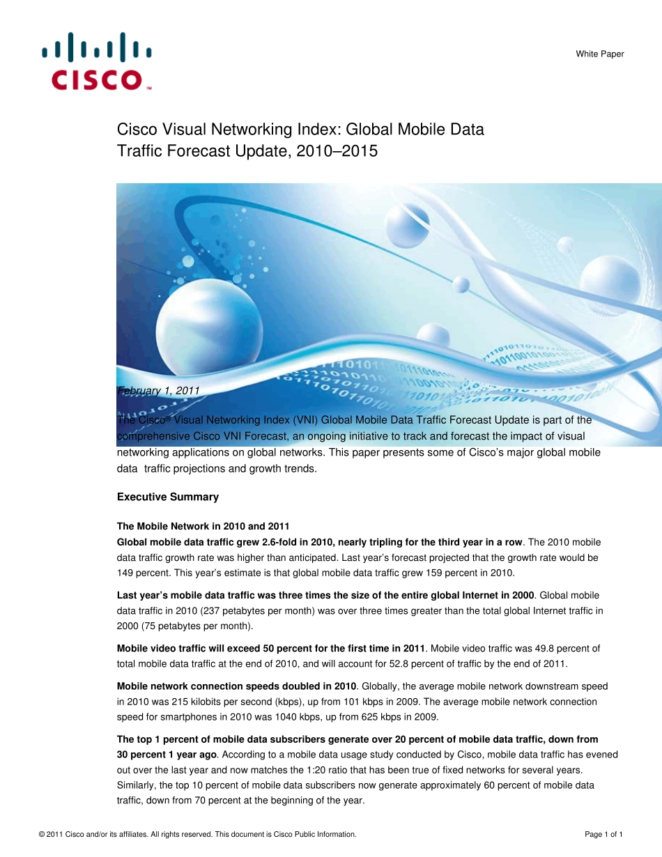 全球移动数据流量预测20102015年GlobalMobileDataTrafficForecastUpdate,2010–2015_第1页