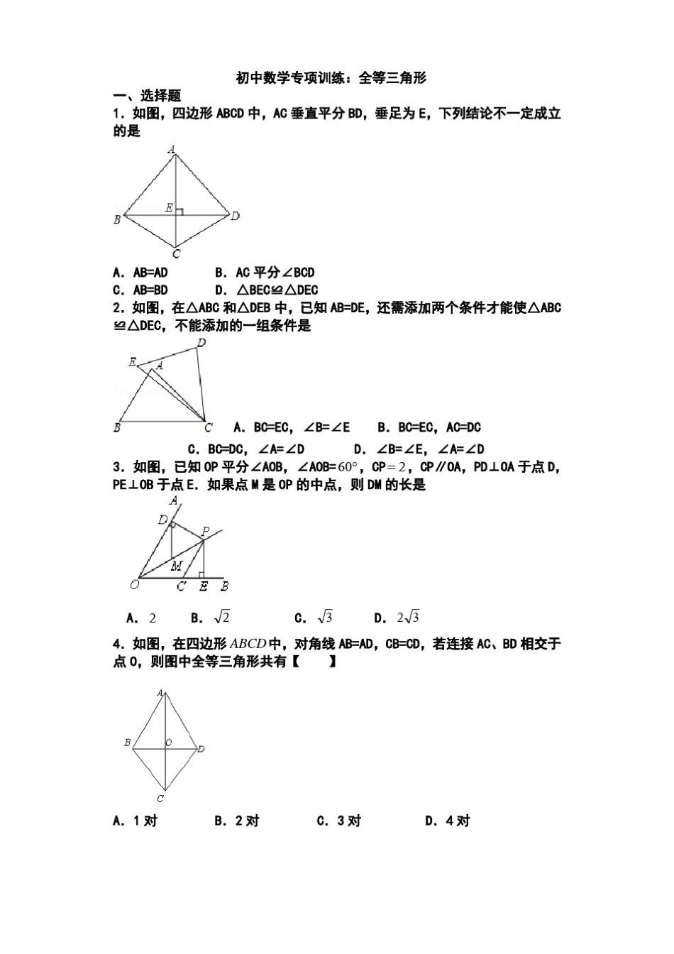 全等三角形专项训练及答案解析_第1页