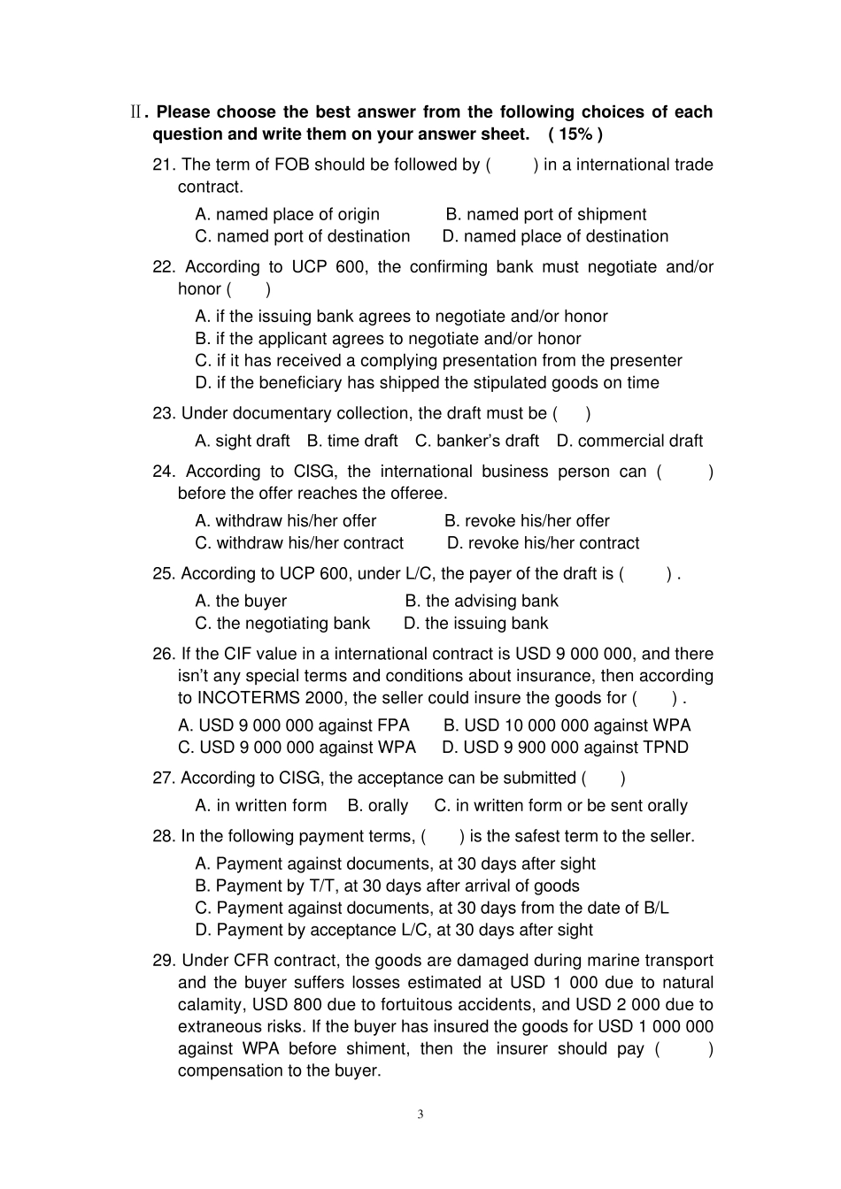 全英语专业学生期末复习资料国际贸易实务试卷(英文版加中文版)casestudy计算题典型例题选择题判断题_第3页