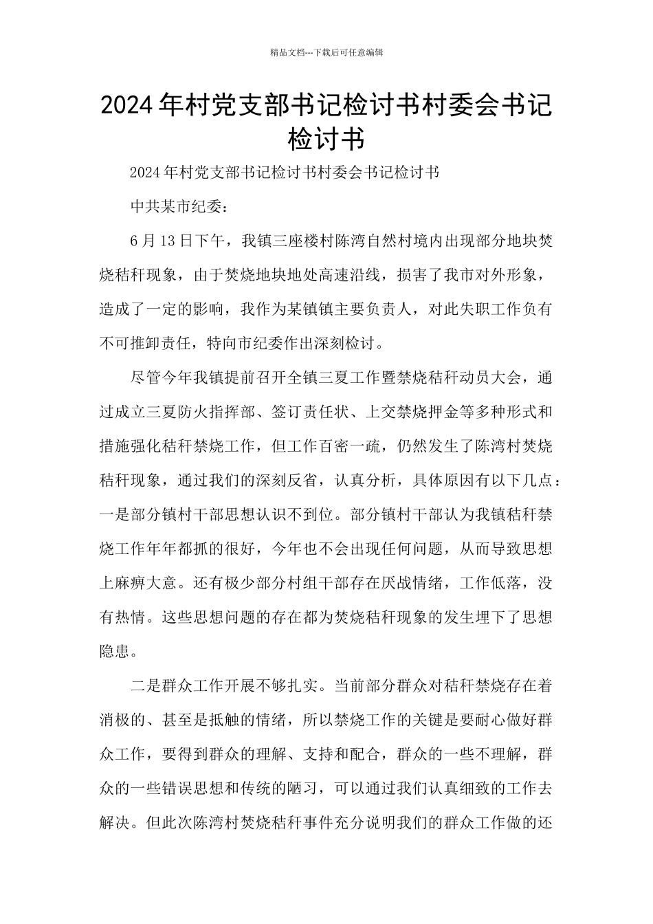 2024年村党支部书记检讨书村委会书记检讨书_第1页