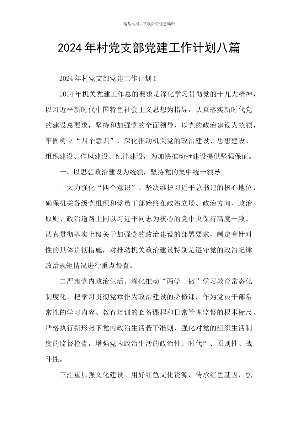 2024年村党支部党建工作计划八篇_第1页