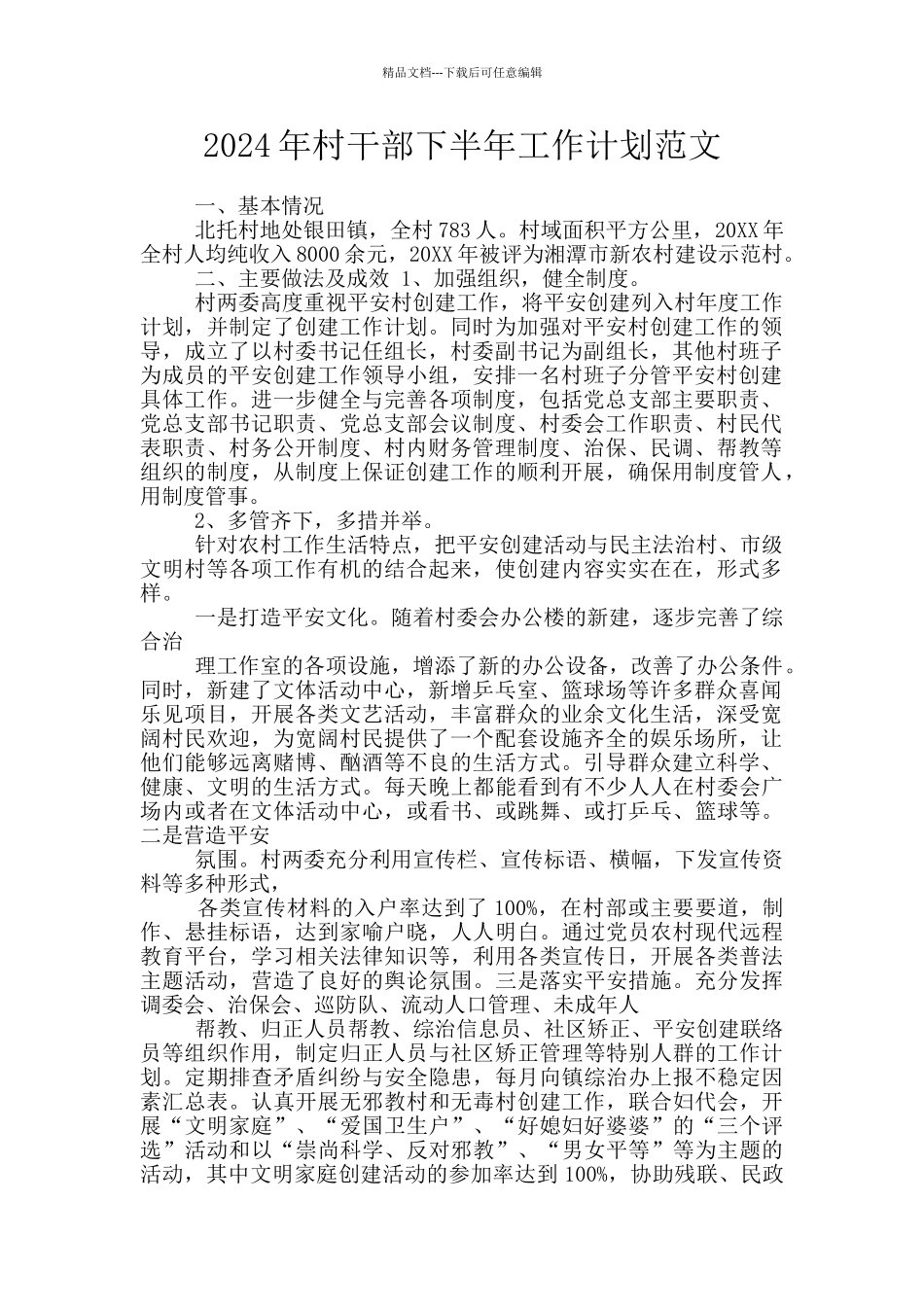 2024年村干部下半年工作计划范文_第1页