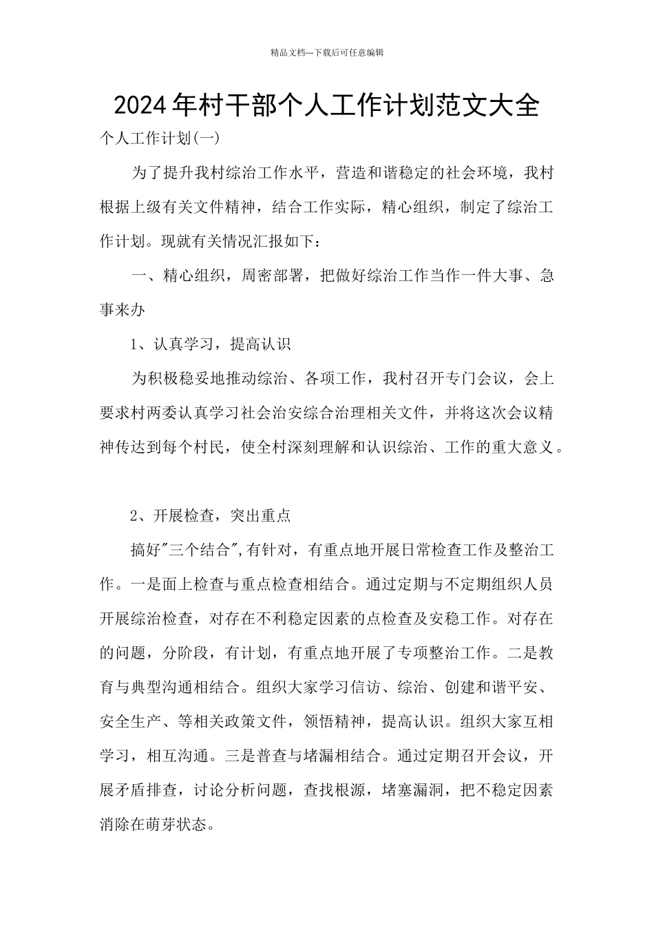 2024年村干部个人工作计划范文大全_第1页