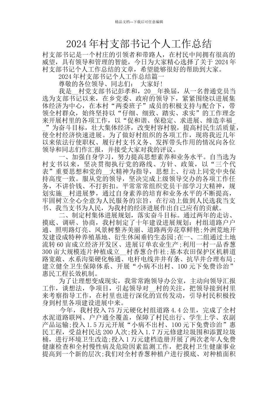 2024年村支部书记个人工作总结_第1页