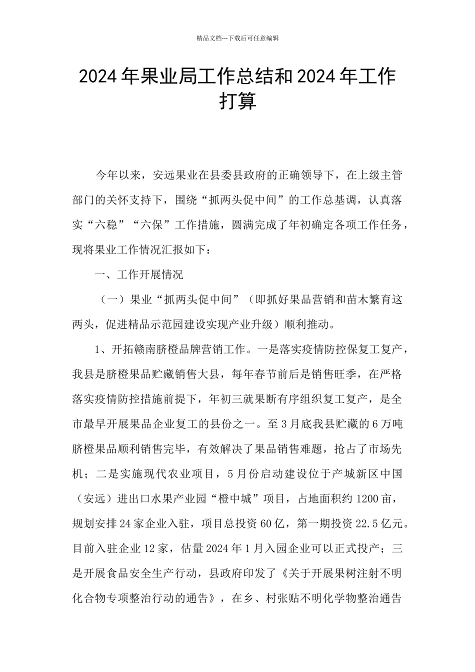 2024年果业局工作总结和2024年工作打算_第1页