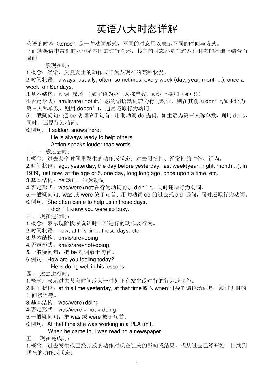 八大时态综合讲解及专项练习题共八页打印版_第1页
