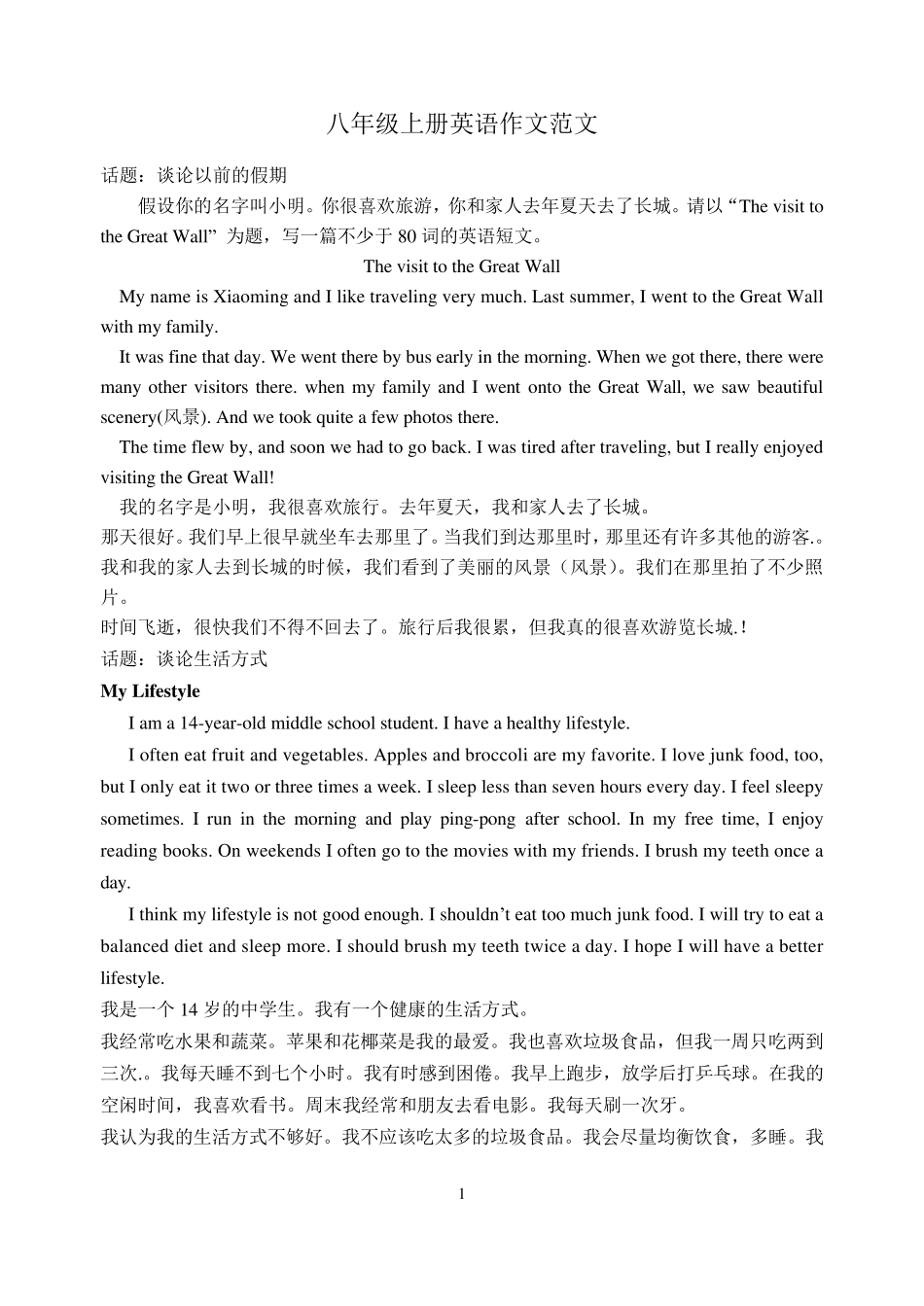 八年级上册英语作文范文(加翻译打印版)_第1页