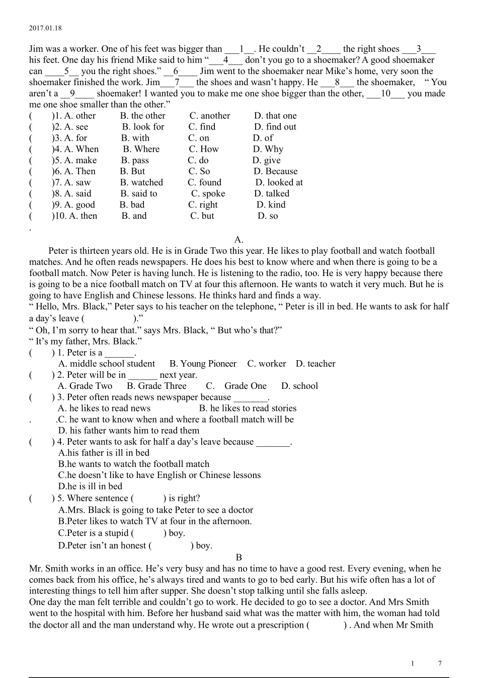 八年级上册英语完形填空与阅读理解_第1页