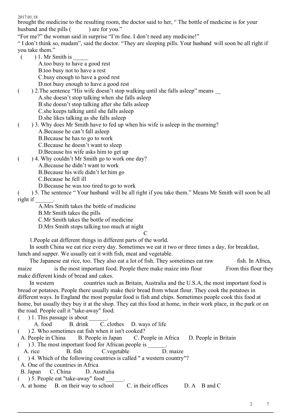 八年级上册英语完形填空与阅读理解_第2页