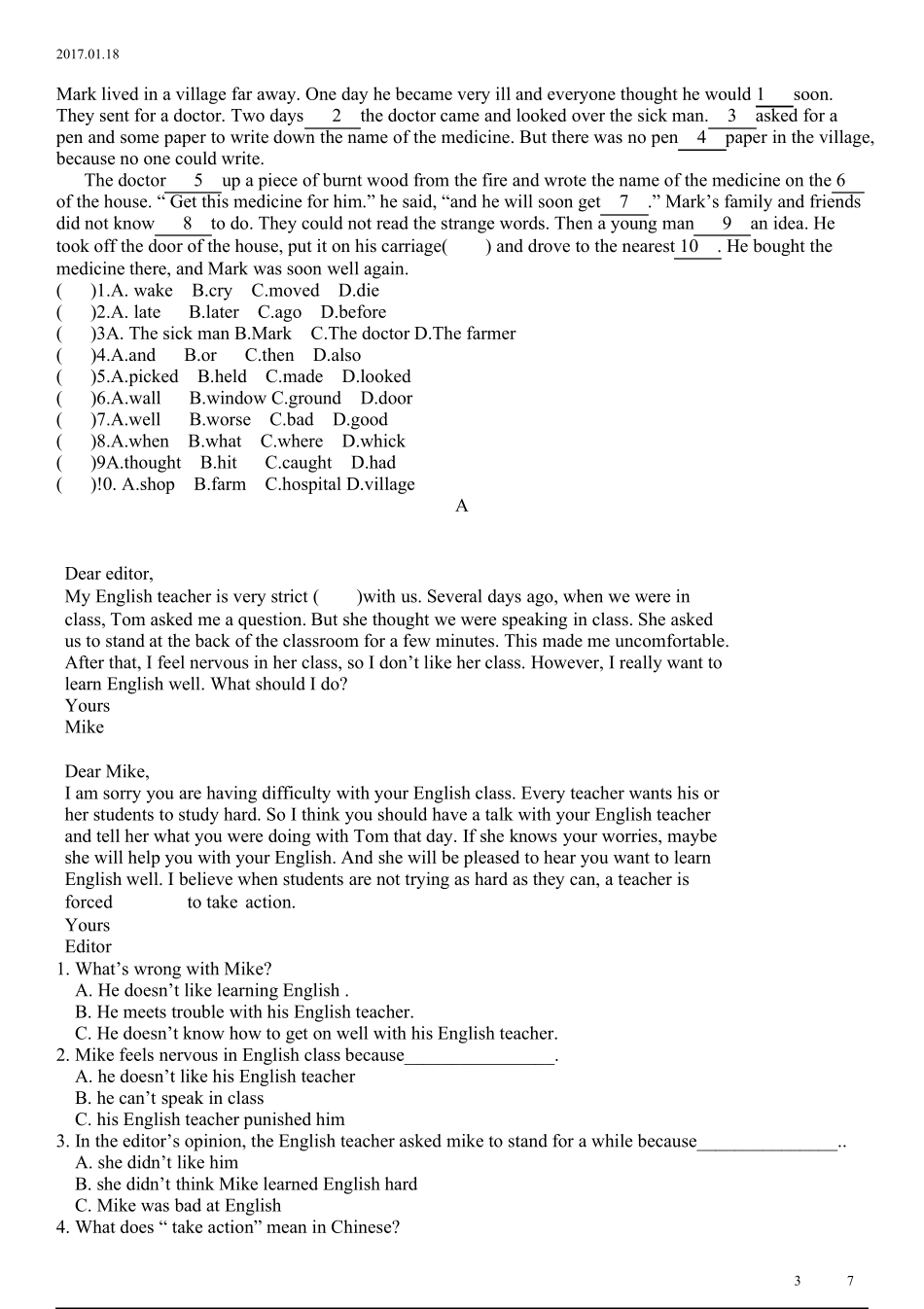 八年级上册英语完形填空与阅读理解_第3页