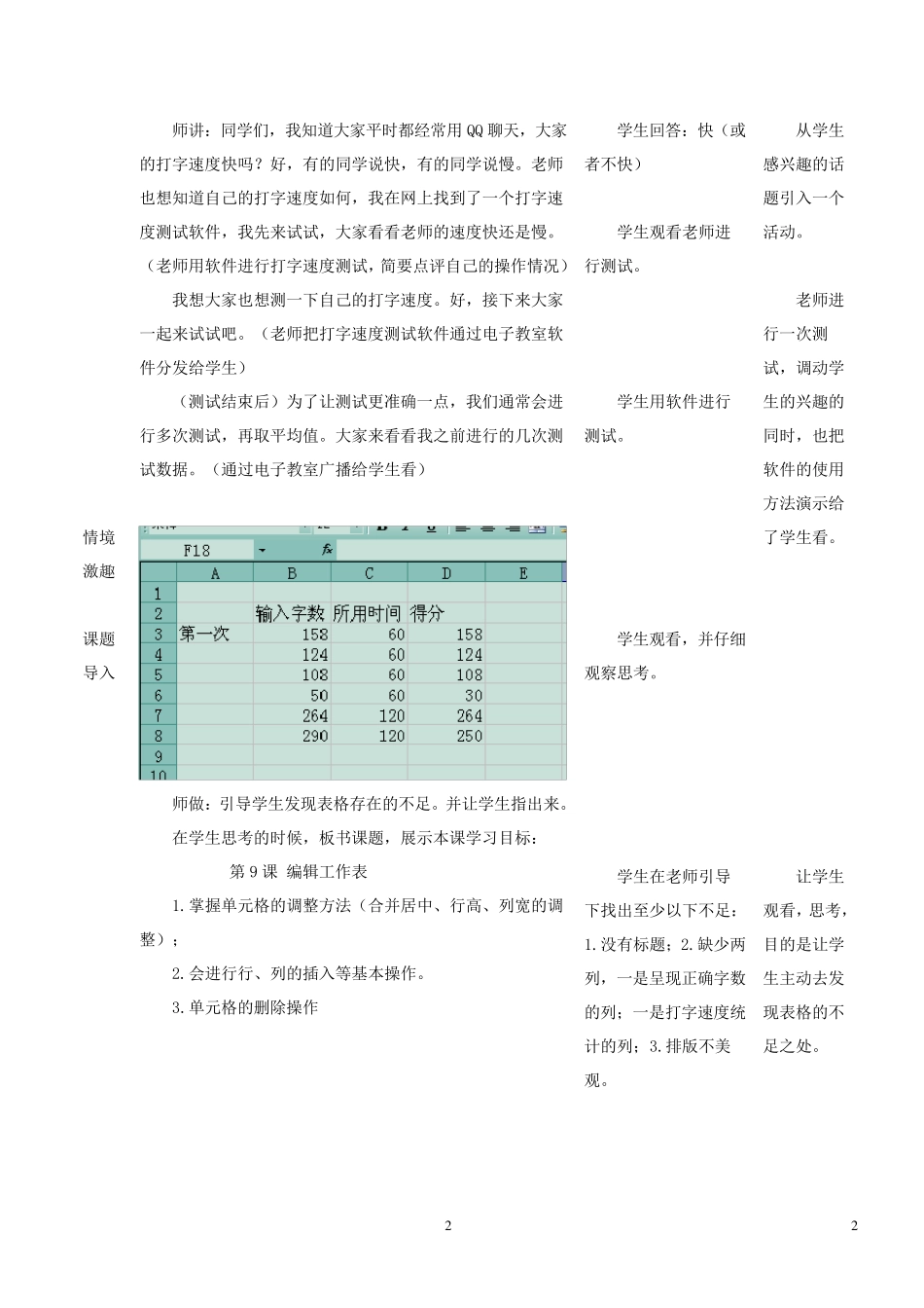 八年级信息技术上册第9课《编辑工作表》教案_第2页