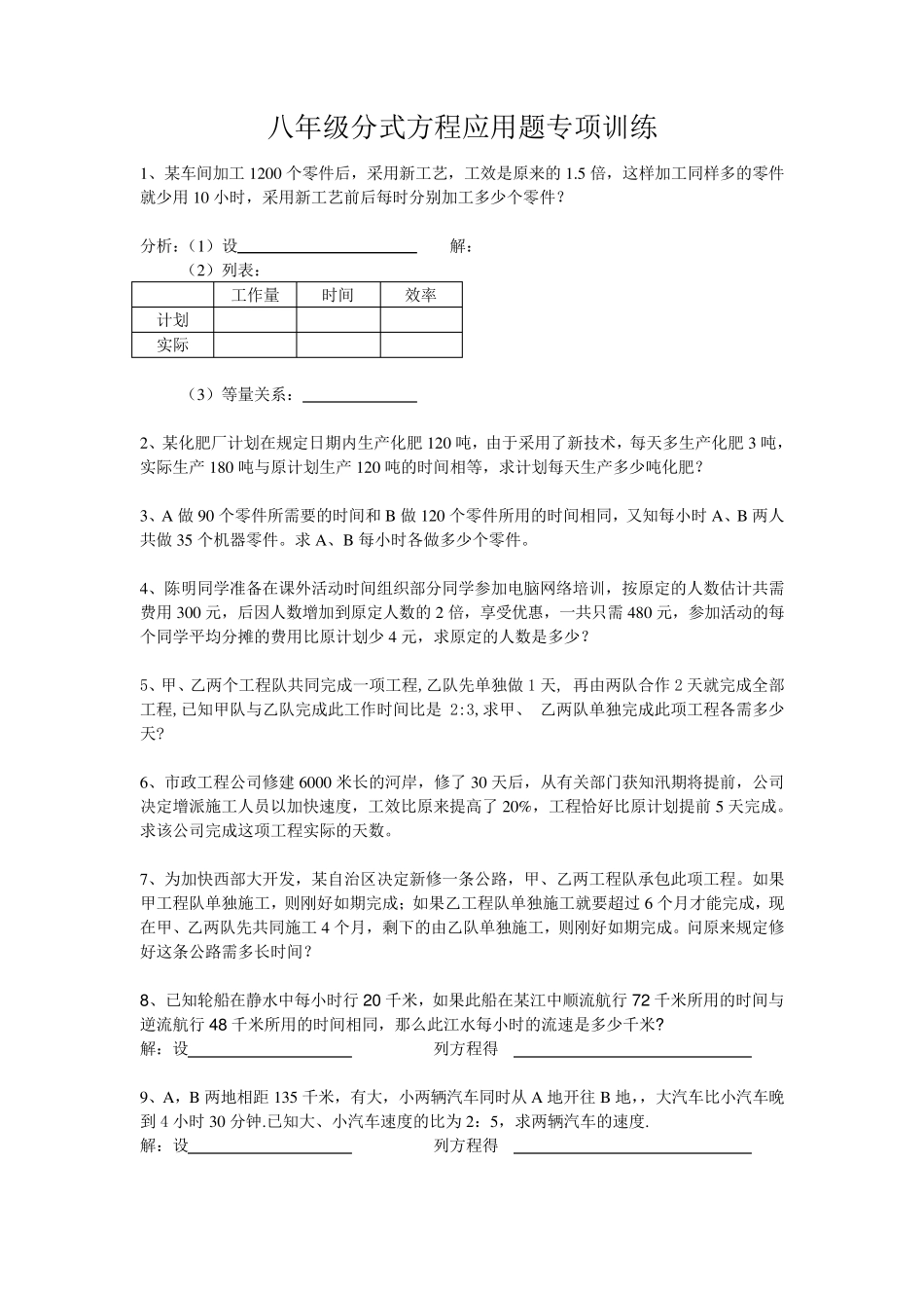 八年级分式方程应用题专项训练总结_第1页