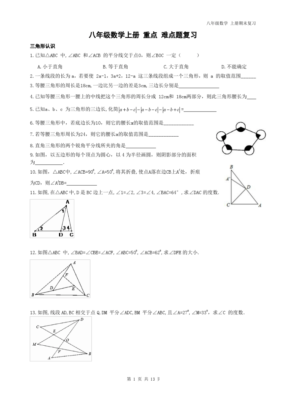 八年级数学上册重点难点题复习_第1页
