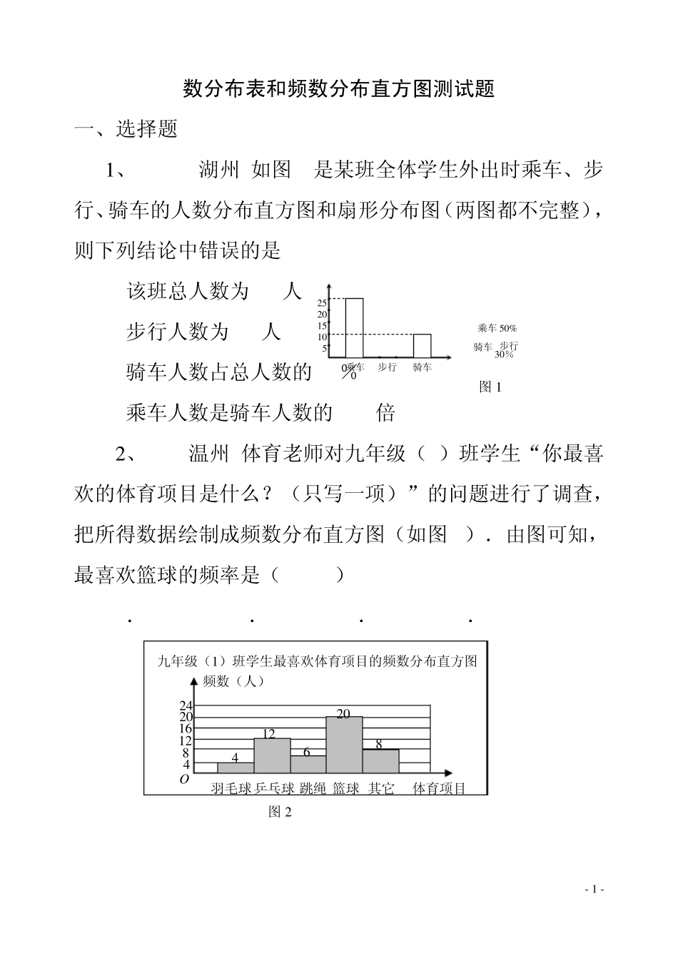 八年级数学频数分布表和频数分布直方图练习题_第1页