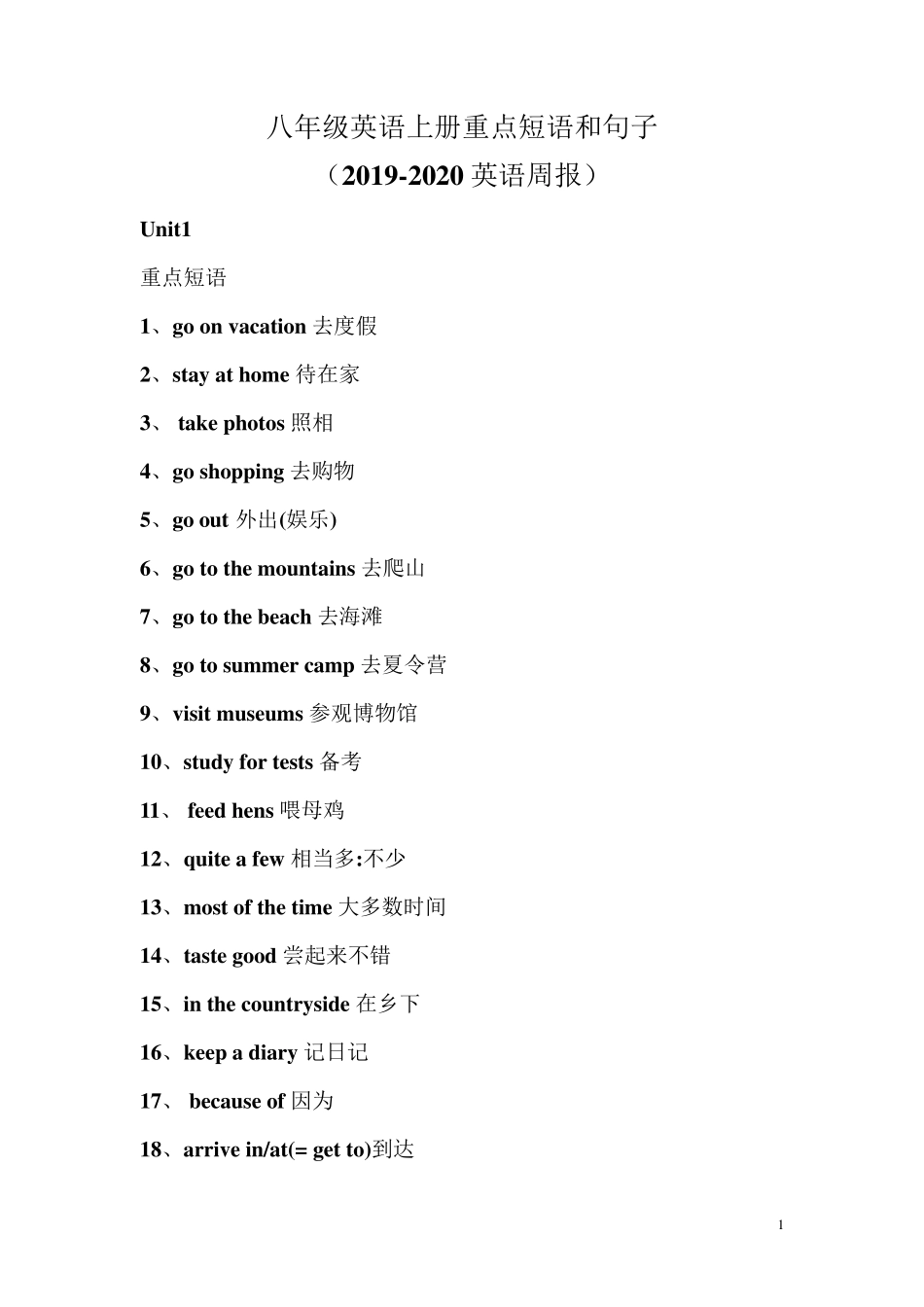 八年级英语上册重点短语和句子_第1页