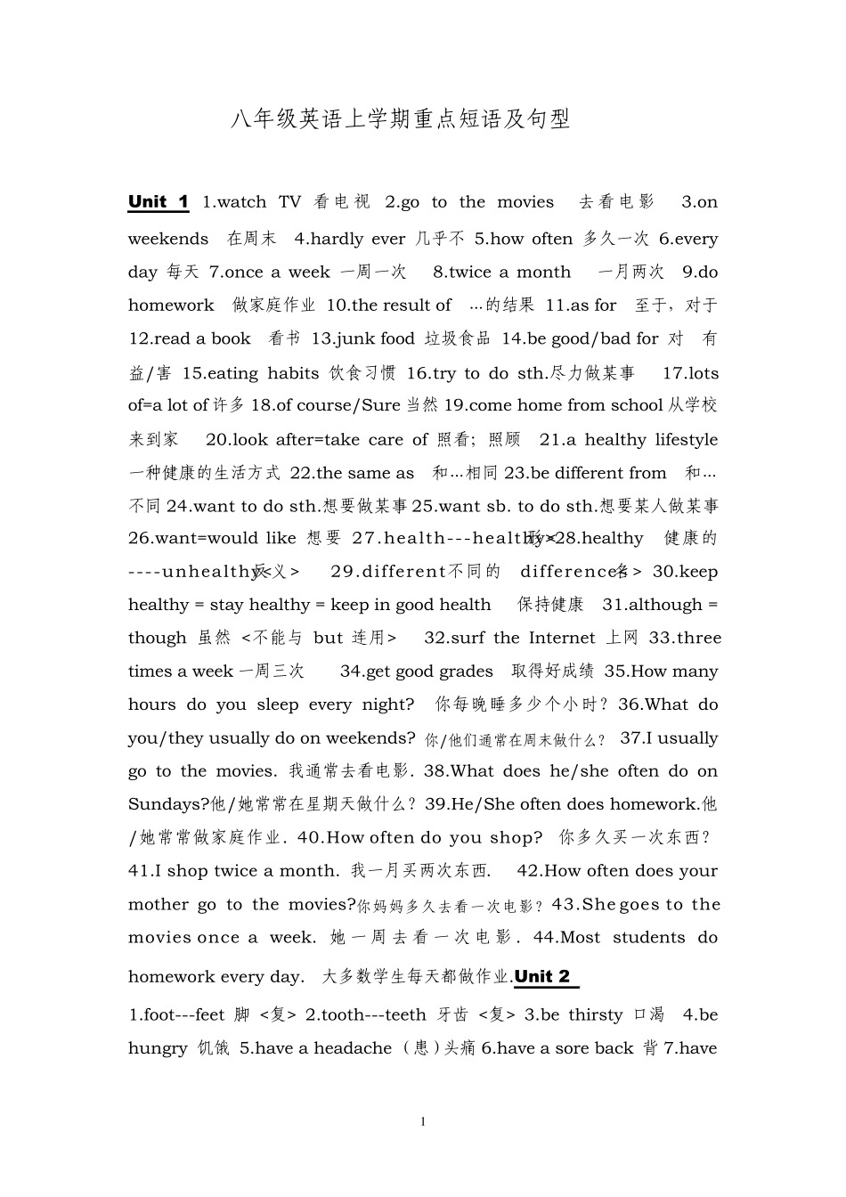 八年级英语上学期重点短语及句型_第1页