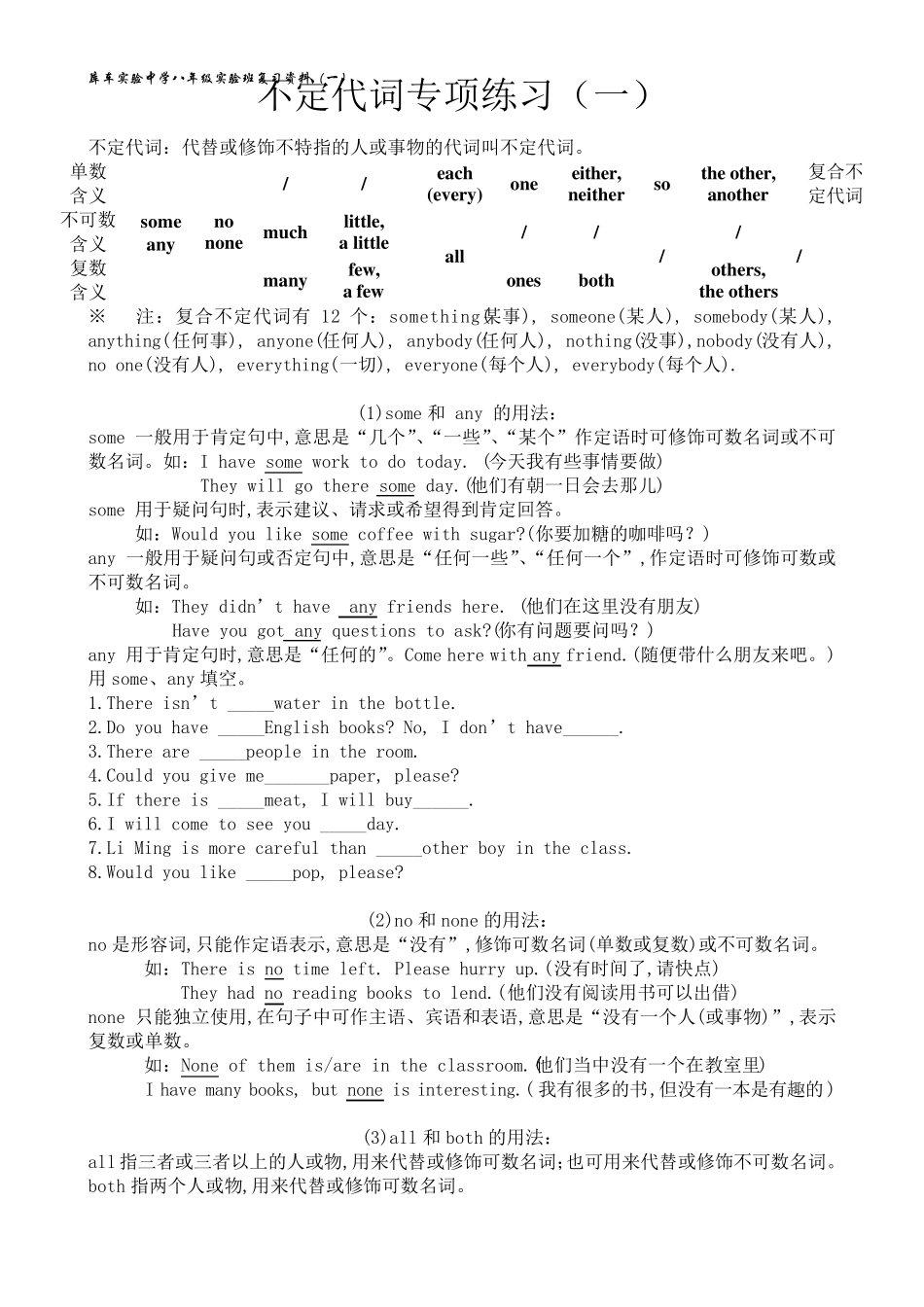 八年级英语不定代词专项练习(附详解)_第1页