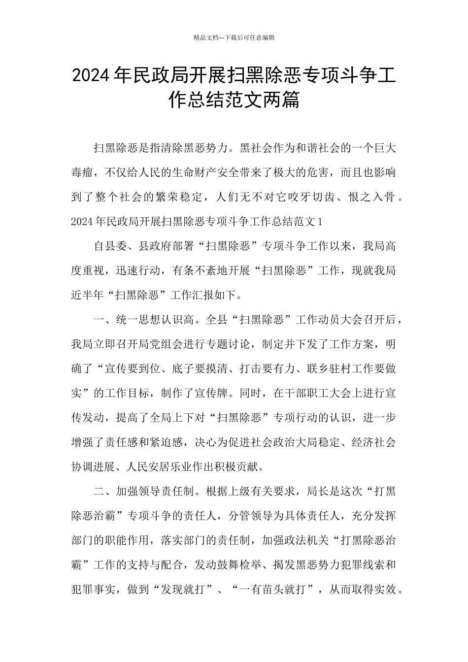 2024年民政局开展扫黑除恶专项斗争工作总结范文两篇_第1页