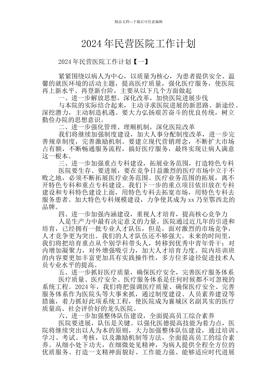 2024年民营医院工作计划_第1页