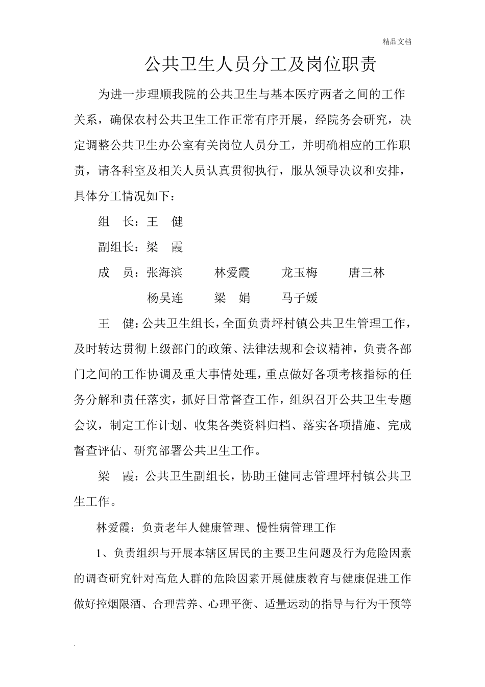 公共卫生人员分工及岗位职责_第1页