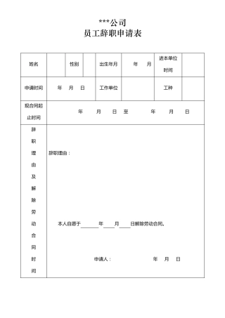 公司员工辞职申请表样板