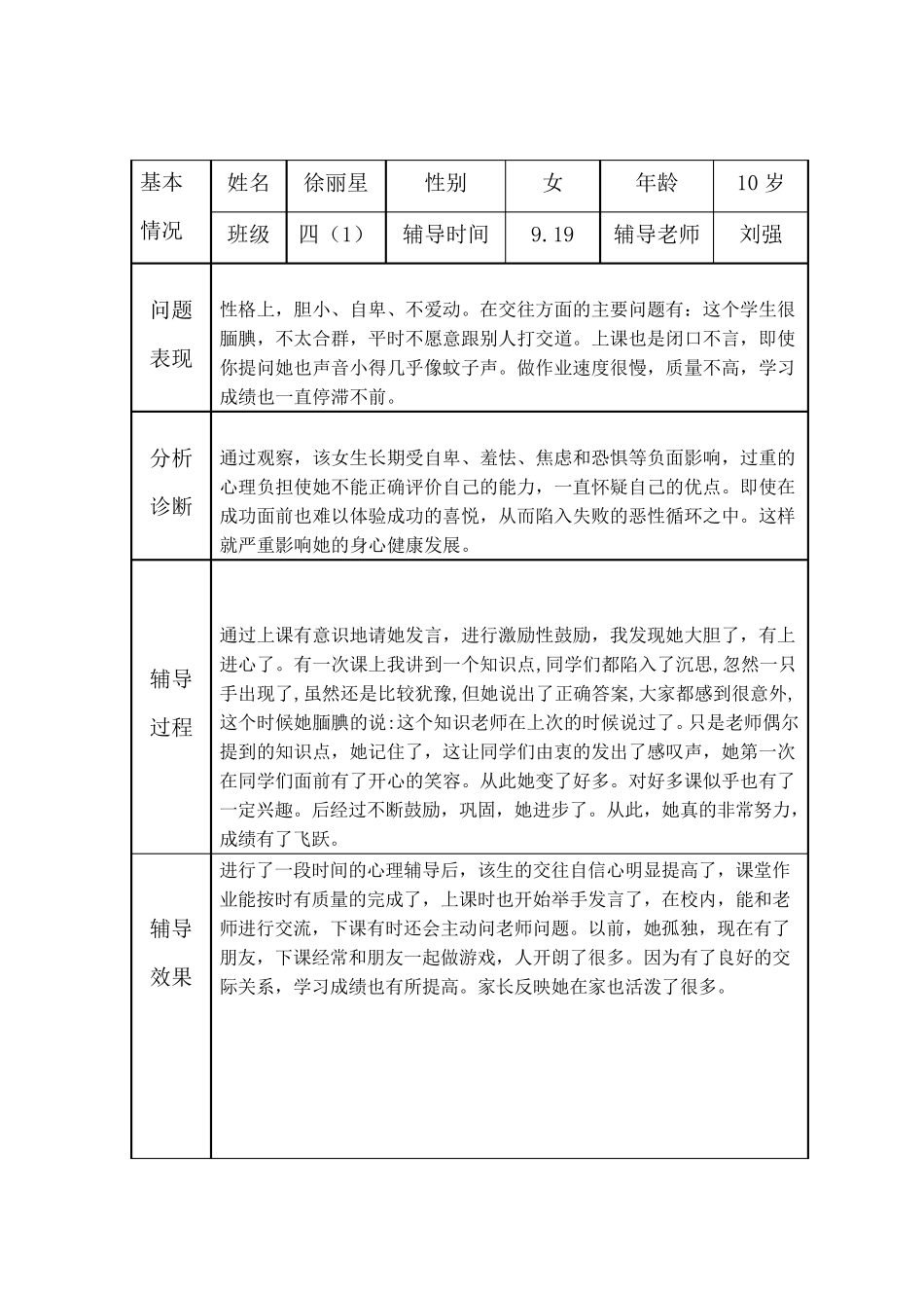 小学生心理健康咨询个案辅导记录表(台账)_第1页