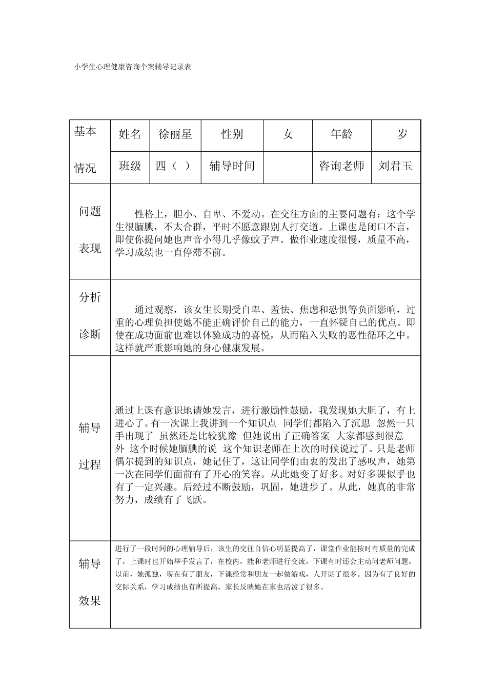 小学生心理健康咨询个案辅导记录表_第1页