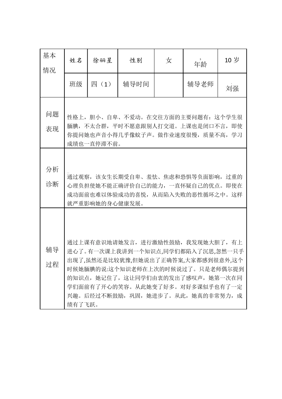 小学生心理健康咨询个案辅导记录表[台账]_第1页