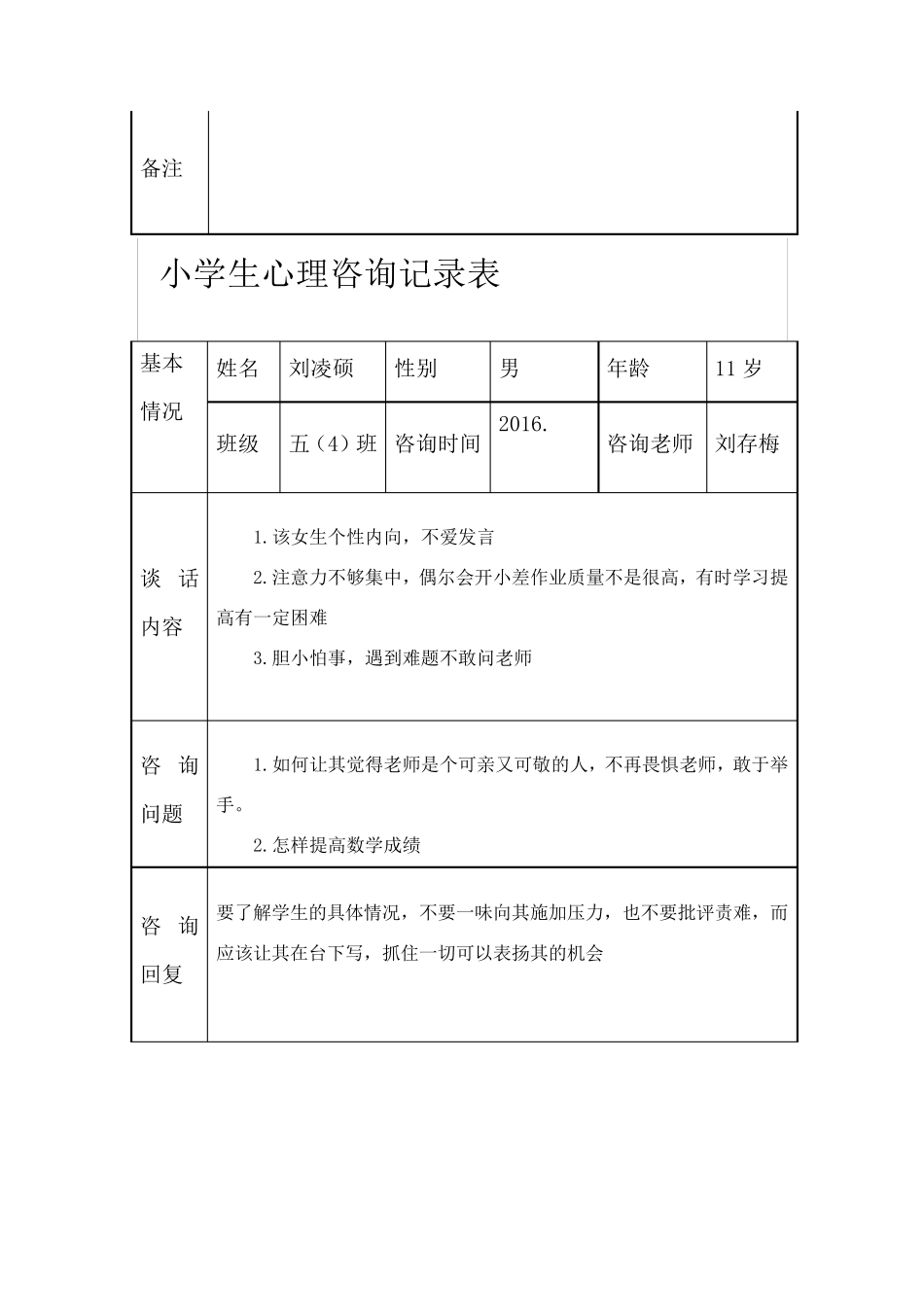 小学生心理健康咨询案辅导记录表_第2页