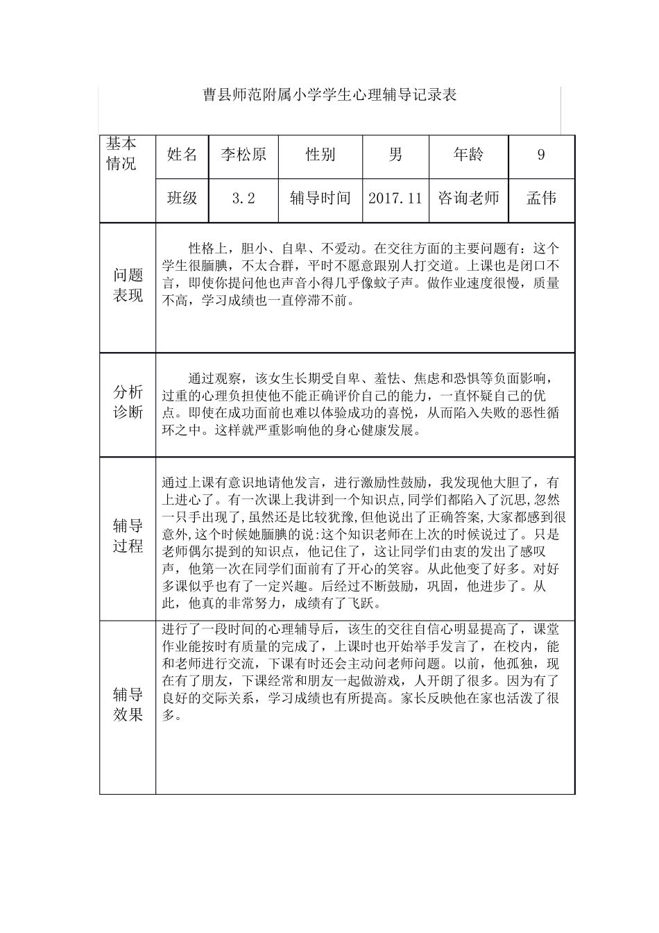 小学生心理辅导记录表15_第1页