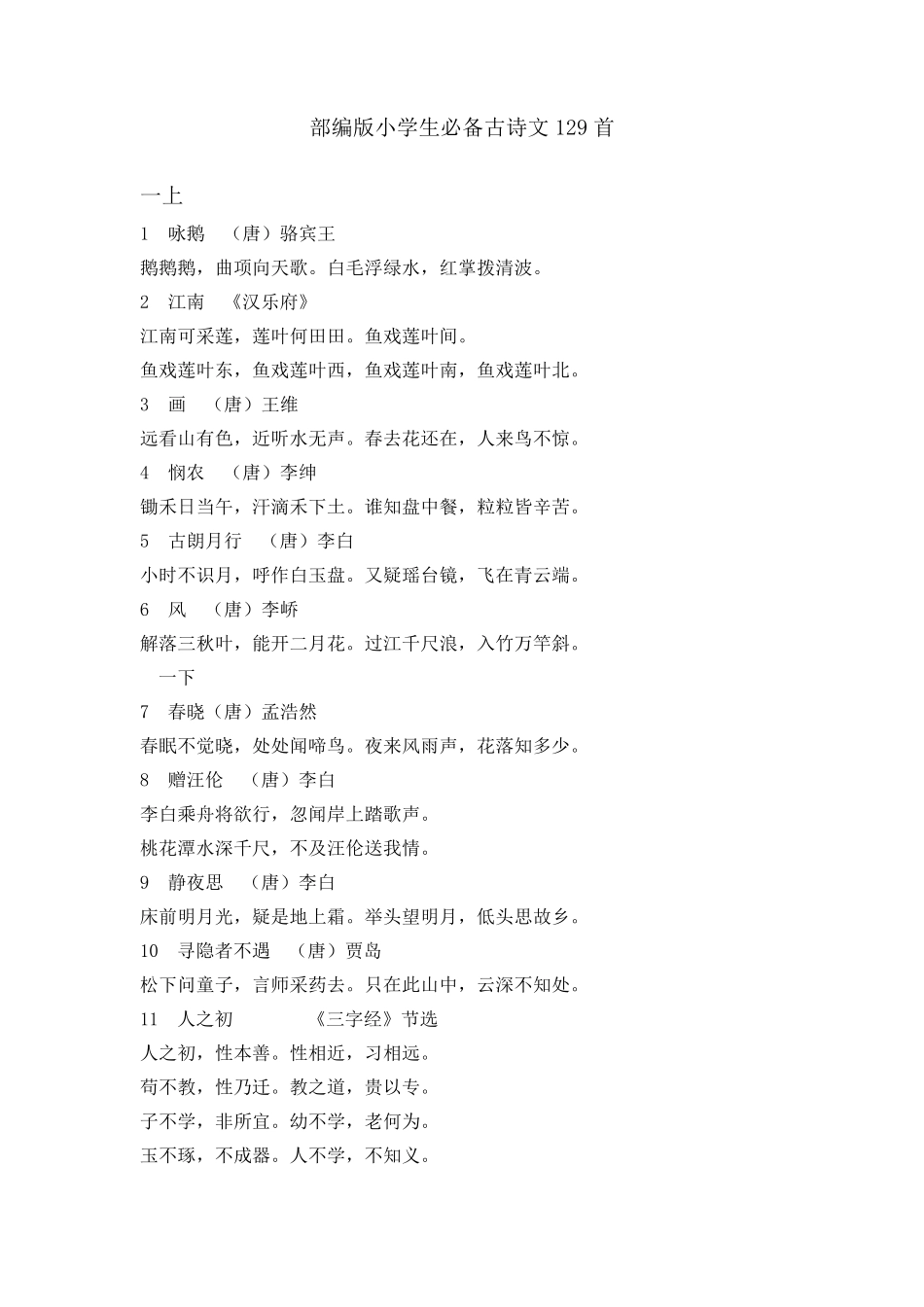 小学生必备古诗文129首_第1页