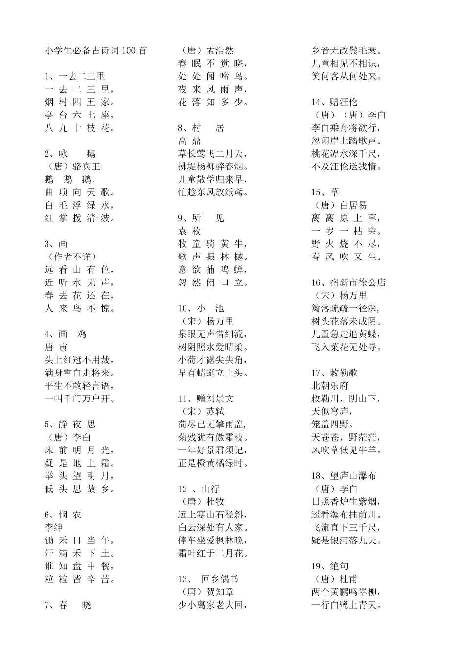 小学生必背古诗词100首+名句+日积月累_第1页
